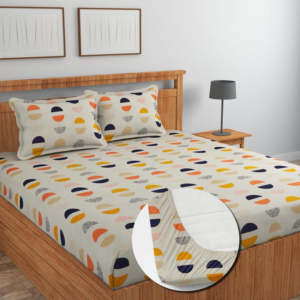 Premium Cotton Elastic Fitted Bedsheets  | Size: Bedsheet - 198.12CM x 182.88CM + 25.4CM (Drop) Pillow Cover -  46 cm x 68 cm