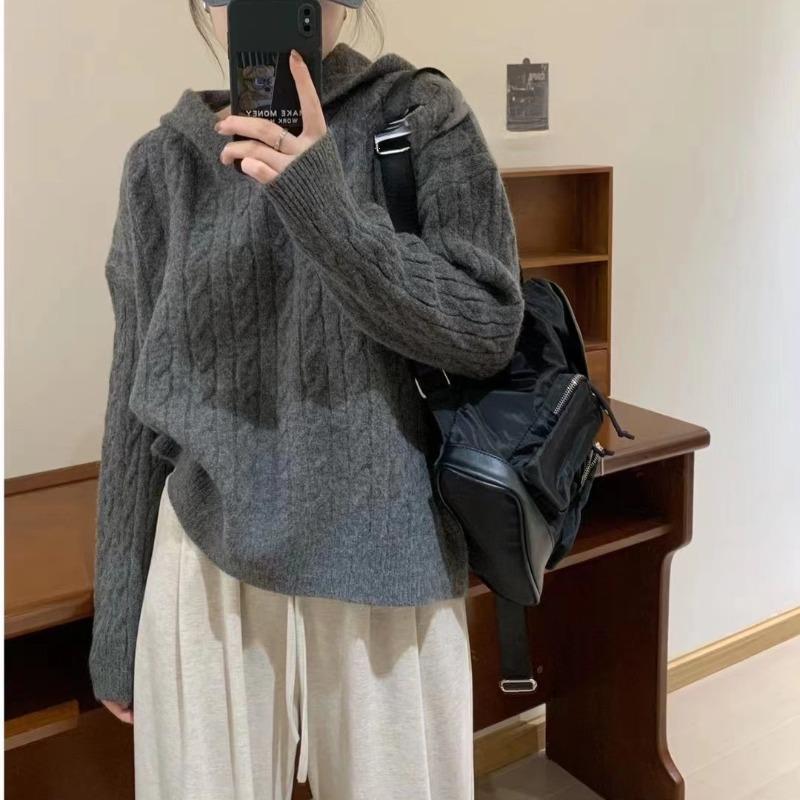 Autumn and winter new twist sweater women's hooded pullover retro lazy loose soft waxy knitted sweater sweater top women