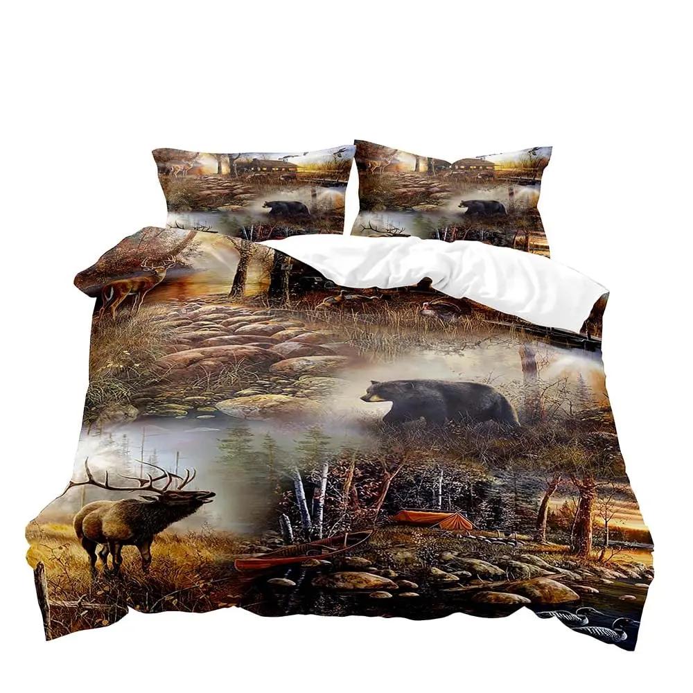 Farmhouse Duvet Cover SetBlack Bear Deer Elk Moose Forest Animal Wildlife Lodge Rustic Bedding Set KingSage Green Brown Plaid