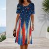 Women Plus Size Round Neck Short Sleeve Star Printed A Line Dress Red White Blue
