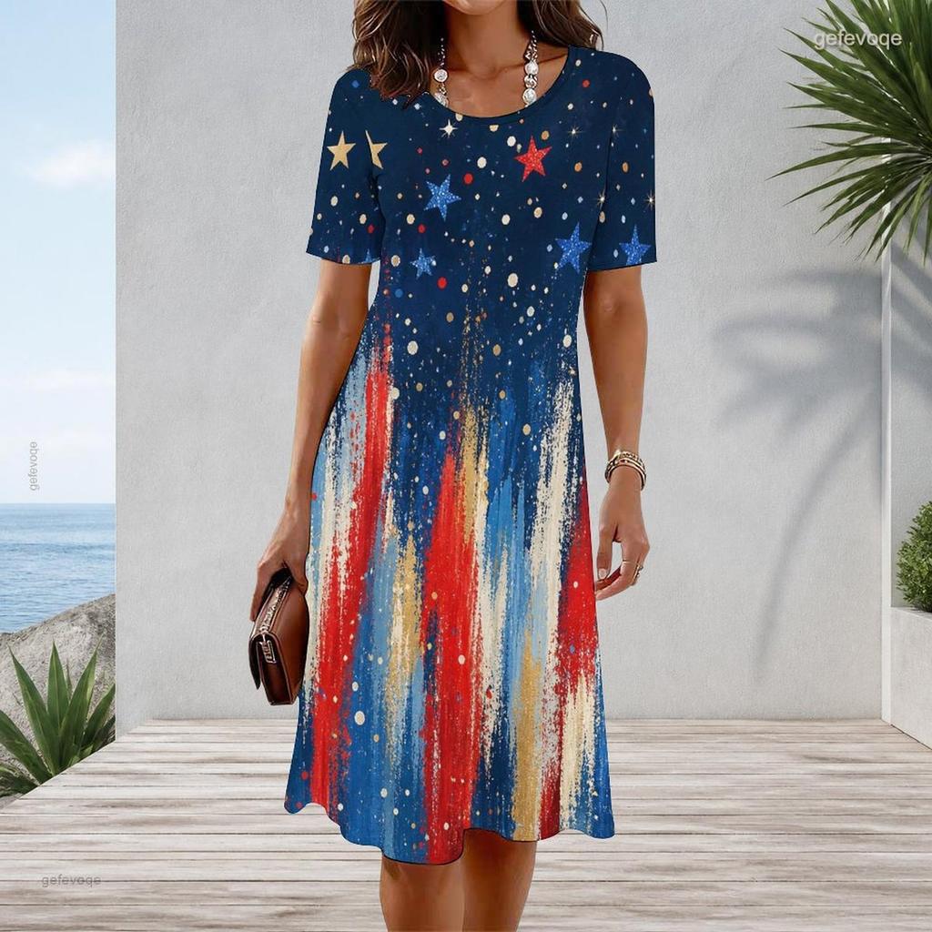 Women Plus Size Round Neck Short Sleeve Star Printed A Line Dress Red White Blue