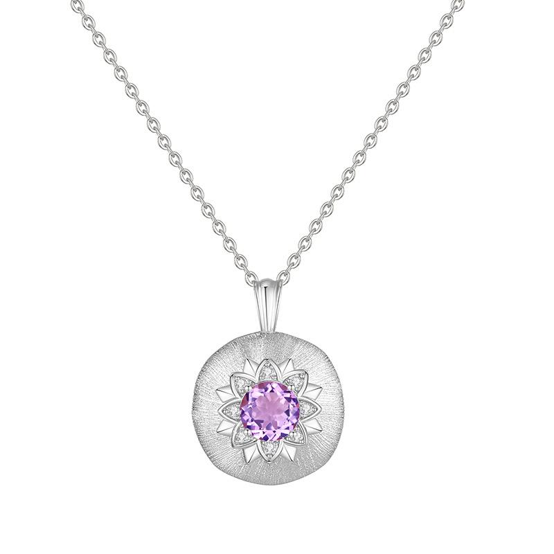 S925 Sterling Silver Necklace with Natural Crystal Pendant Retro French Style Chain for Women