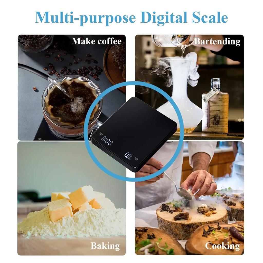 EXSX Digital Coffee Scale with Timer, 3KG/0.1g(ml/oz) High Precision, Auto Tare Function,USB Rechargeable Scale with LED Display