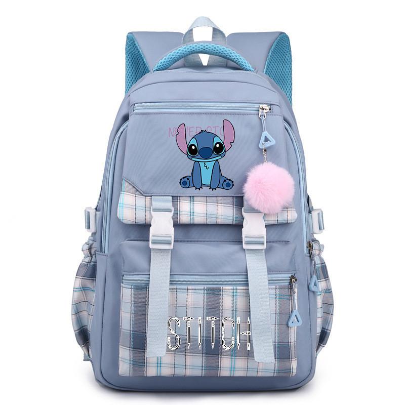 Cute Girl Backpack For School With Stitch Print And Checkered Patchwork Design For Middle School Students