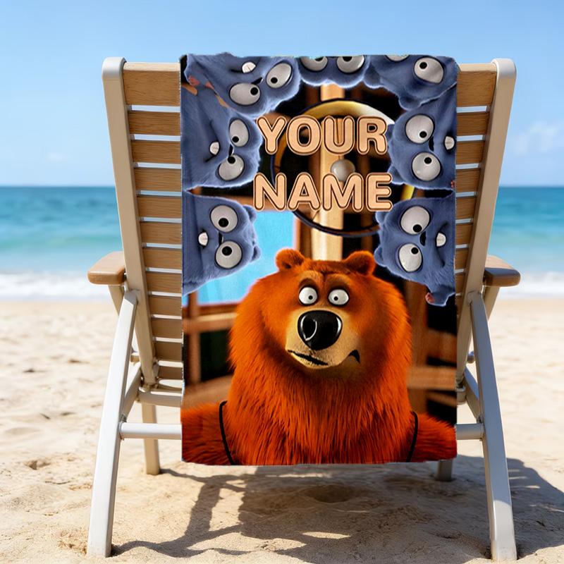 1pc Grizzy Bear Beach Towel with Custom Name, Beach/Swimming/Bath/Picnic/Camping Towel, Suitable for Seaside Beaches