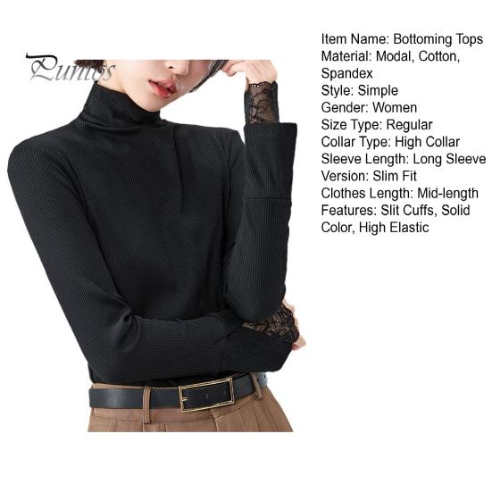 Women Bottoming Tops Slim Fit High Collar Long Sleeve Shirt with Slit Lace Cuffs Solid Color Jumper Tops