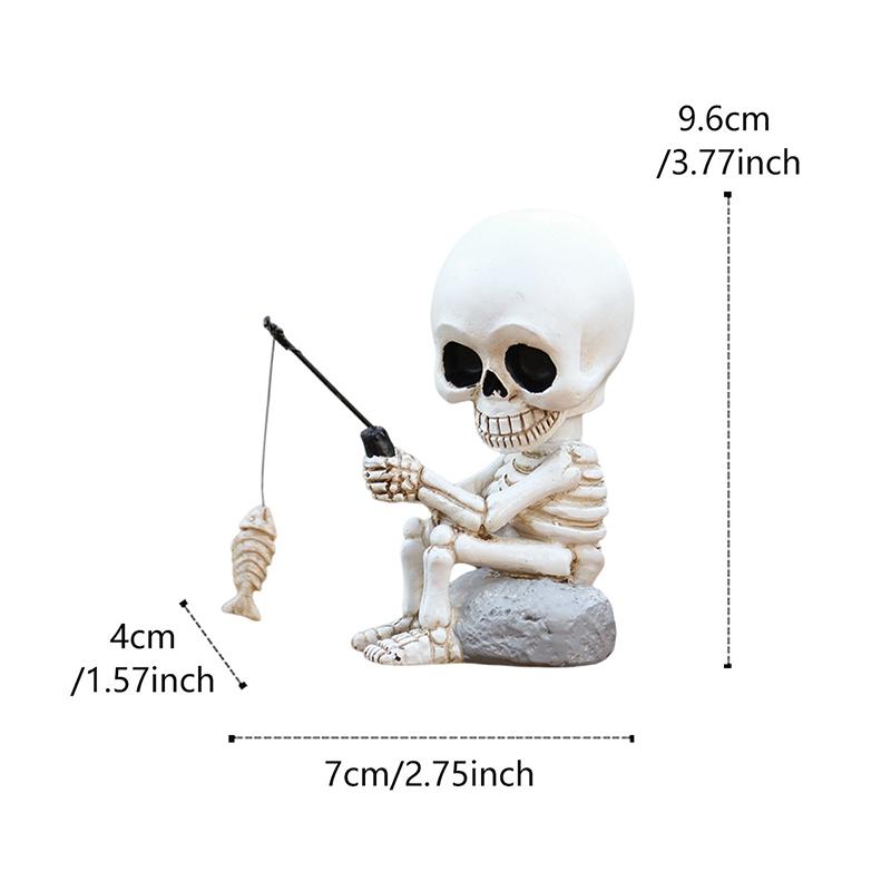 Fishing Skeleton Statue Halloween Decorations, Cute Sitting Skull Figurine Shelf Sitter Resin Sculpture For Outdoor Garden Yard