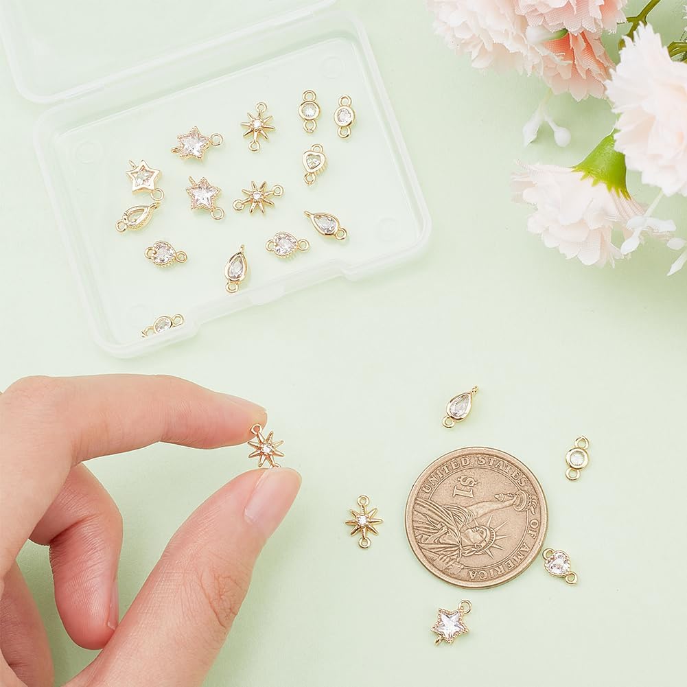 BENECREAT 20Pcs 5 Style 18K Gold Plated Links Flat Round Star Brass Micro Pave Cubic Zirconia Links Teardrop Heart Shape Connecter for Necklace