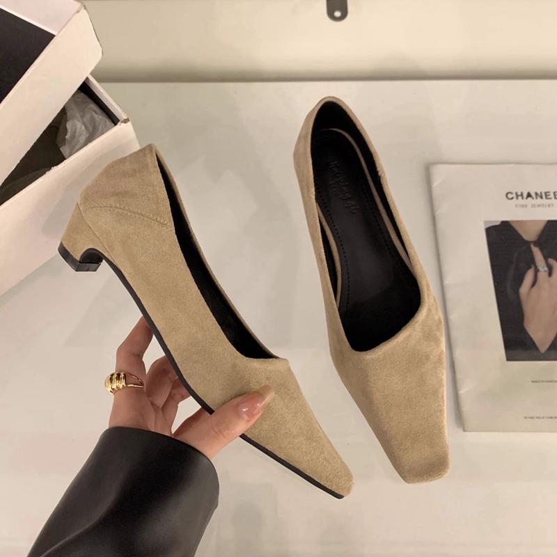 Fashion SUOJIALUN Spring New Brand Women Square Low Heel Pumps Shoes Fashion Shallow Slip On Ladies Boat Shoes Outdoor Dress Single Shoe