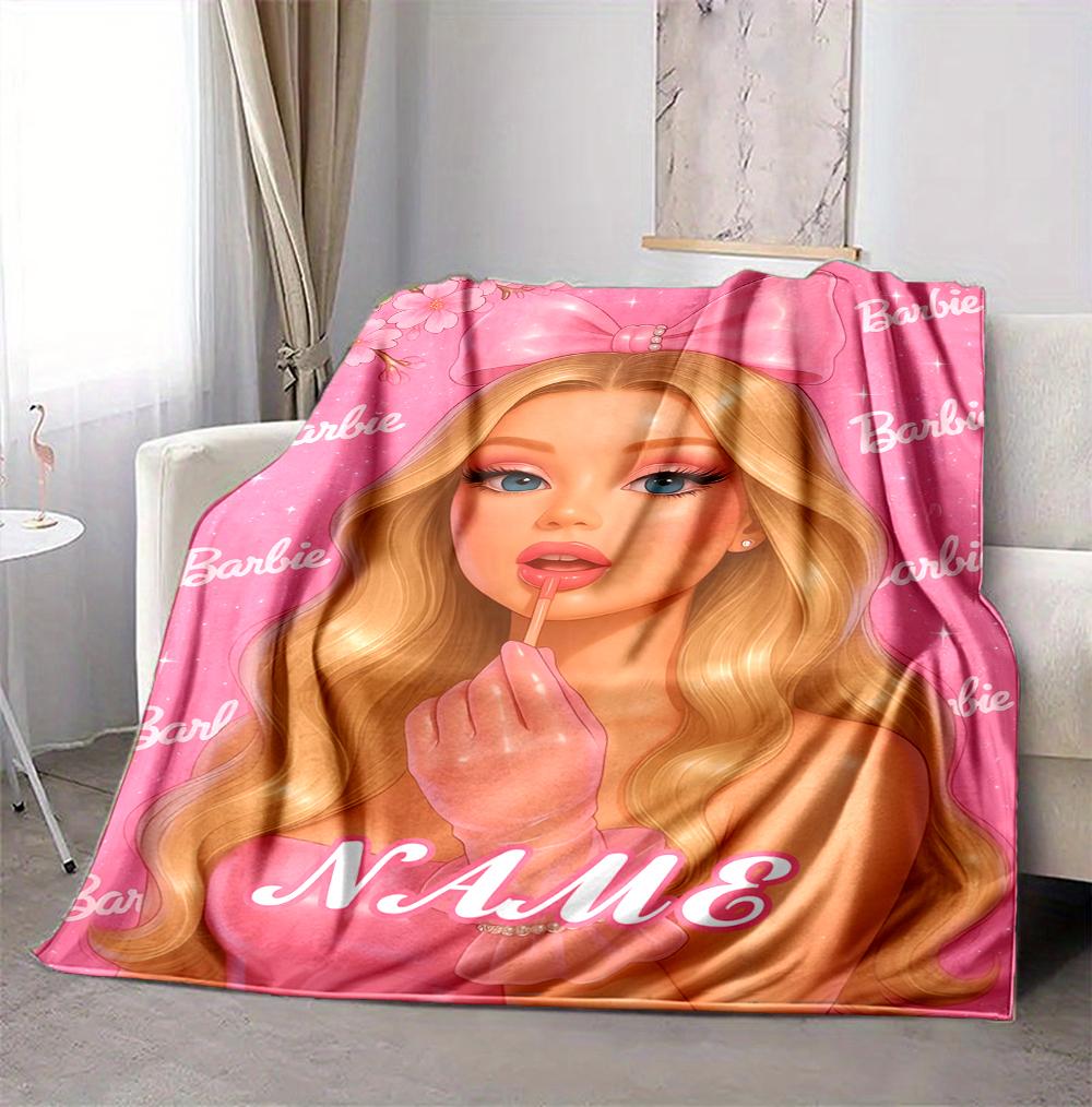 Custom Name Pink Barbie Flannel Blanket Throw Blanket Soft Warm Sofa Bed Home Decor Unique Gift