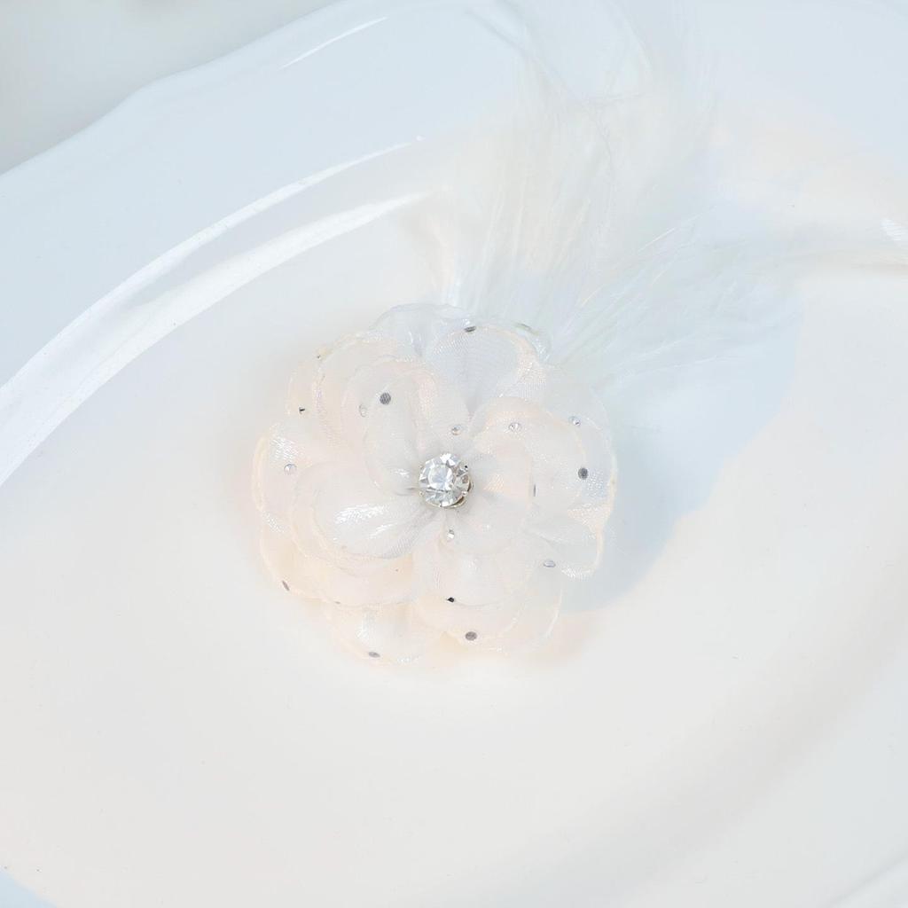 Vintage French Organza Flower Brooch with Ostrich Feathers and Rhinestones - High-Grade Garment and Shoe Ornament.