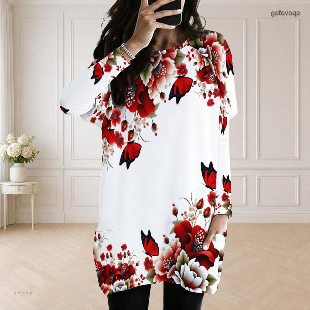 Women Plus Size Round Neck Long Sleeve White Blue Butterfly Print Loose Longline Top With Pockets