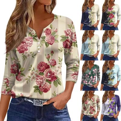 Damen T-Shirt mit Aufdruck, Knopfleiste, 3/4-Ärmel, für den Alltag, Wochenende, Basic, V-Ausschnitt, normales Oberteil