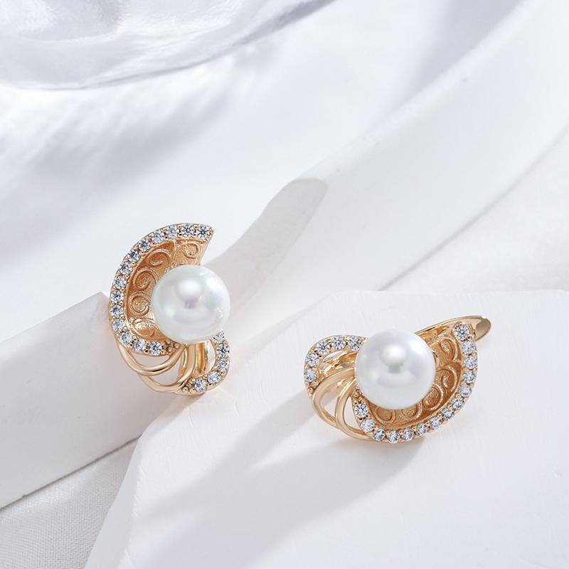 New Round Pearl Dangle Earrings For Women  Rose Gold Color Flower Ethnic Bride Earrings Lovely Fashion Daily Jewelry
