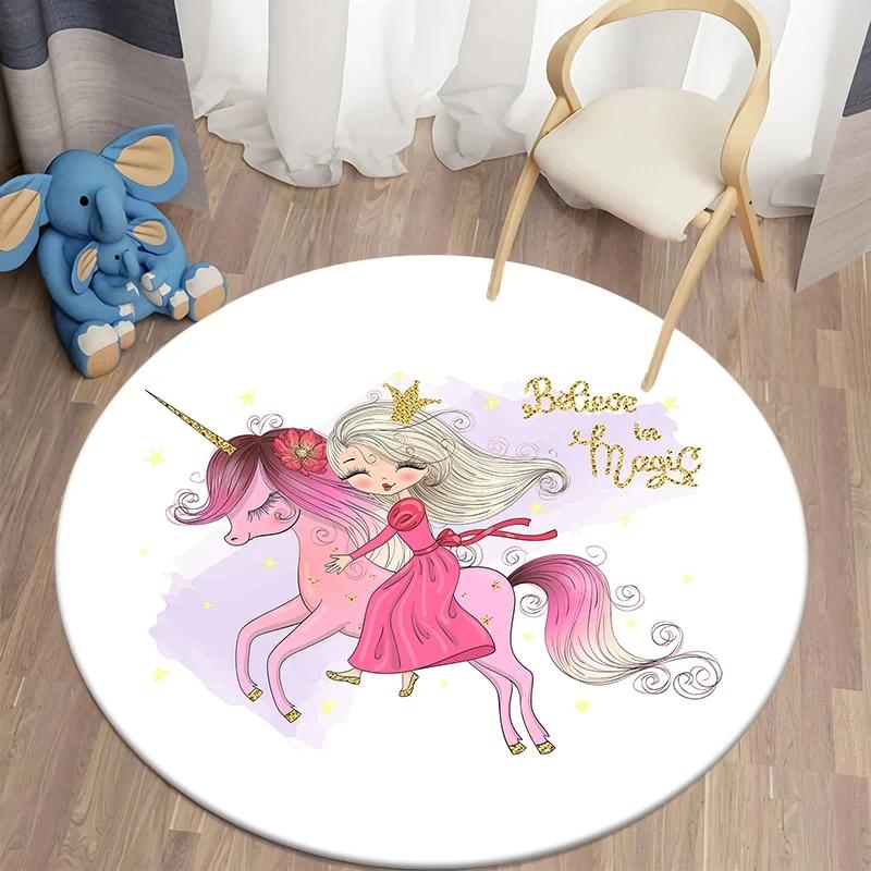 Ballet Dancer Girl Round Carpet Cute Cartoon Animal Fairy Print Area Rug For Bedroom Living Room Decor Non-Slip Play Floor Mat