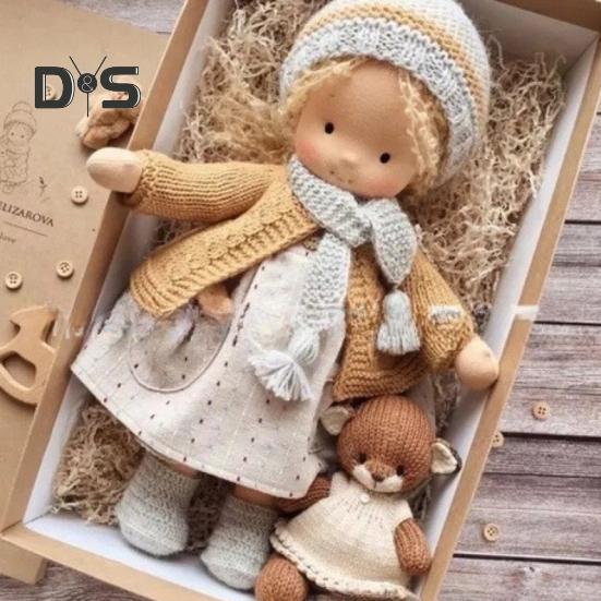 Handmade Waldorf Doll Stylish Clothes Expression Knitted Dolls with Soft Hair Vintage Crocheted Doll Gift for Family Friends Outdoor Travel Home Decor