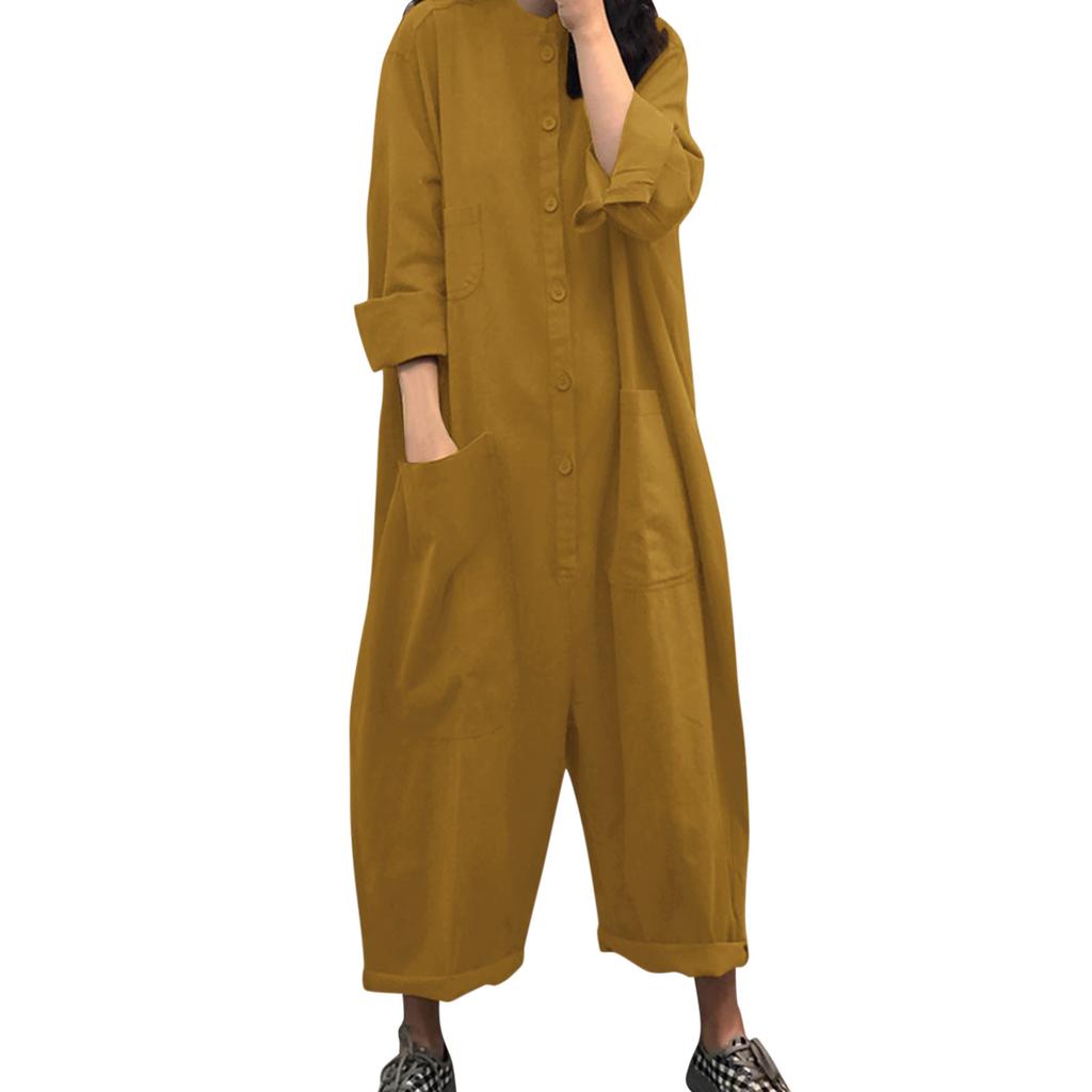 Damen Jumpsuit Weiblicher Oversized Romper Herbst Locker Taschen Overalls Lässig Uni Stehkragen Unterteil