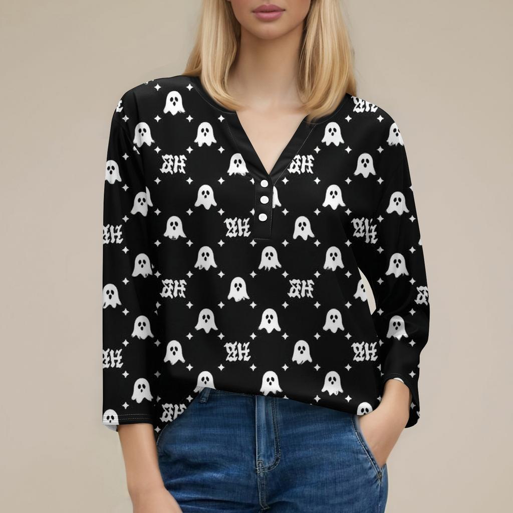 Damen T-Shirt mit Aufdruck, Knopfleiste, 3/4-Ärmel, modisch für den Alltag und das Wochenende, Basic, V-Ausschnitt, normales Oberteil