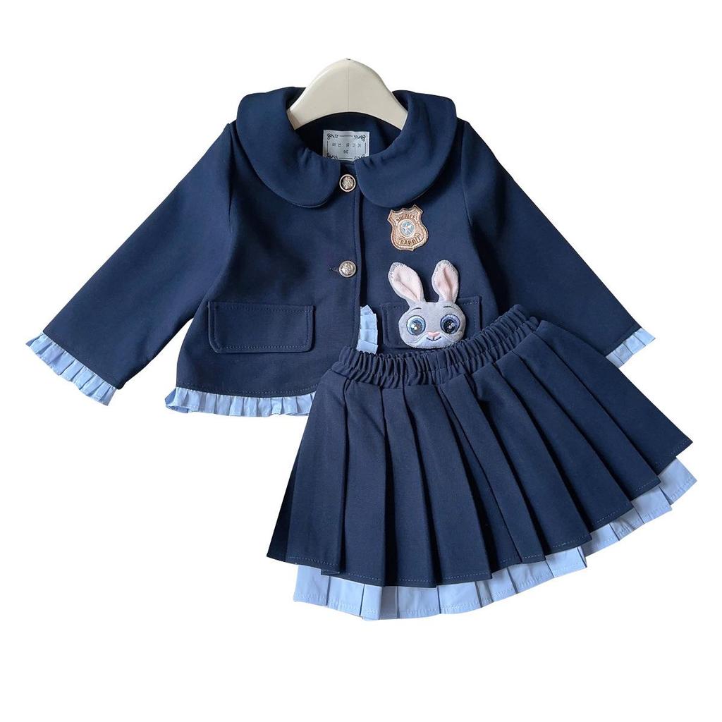 Girls' Rabbit Police Officer Outfit: Stylish Spring/Autumn Coat & Pleated Skirt Set for Baby Girls - Two-Piece (AQB063)