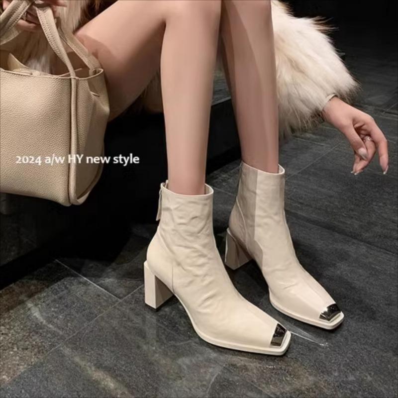 Модные женские сапоги 2024 года, новые, натуральная кожа, квадратные, на высоком каблуке, на молнии, офисные ботильоны, обувь, трендовая мода 35 бежевый