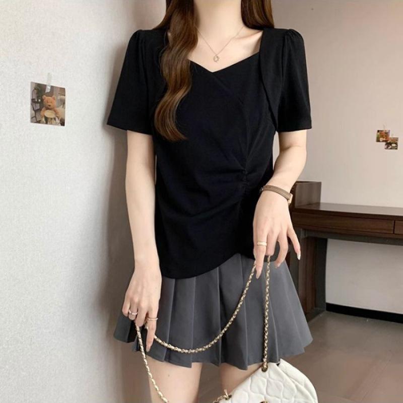 Straight Shoulders Irregular and Fake Shoulders Summer New Large-size Belly-covering and Slimming Design Top