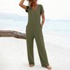 Dames Casual Korte Mouwen Hoge Taille Zakken V-hals Losse Jumpsuits Lange Broeken Wijde Rompers