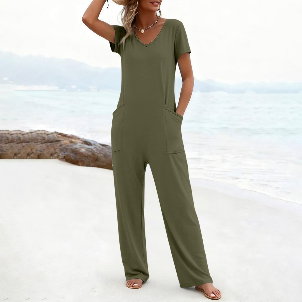 Dames Casual Korte Mouwen Hoge Taille Zakken V-hals Losse Jumpsuits Lange Broeken Wijde Rompers