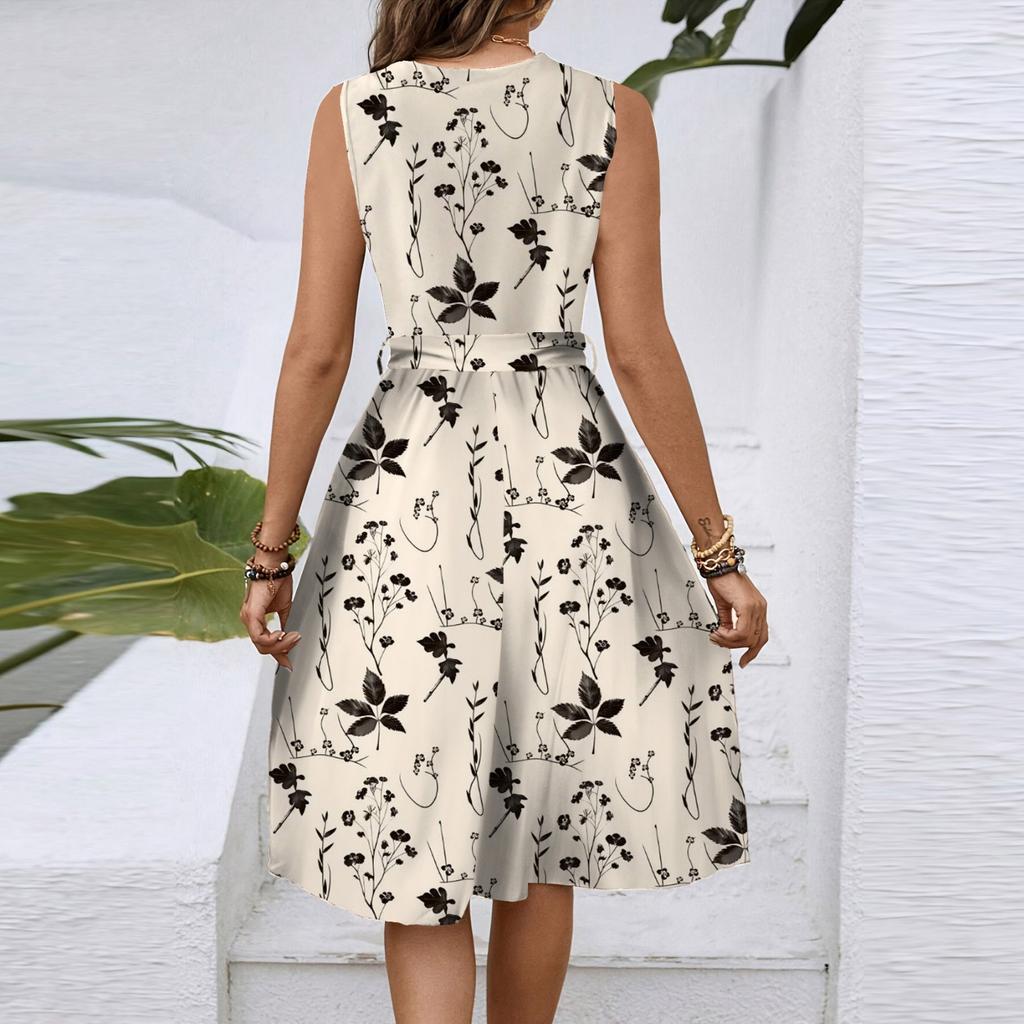Women's Spring And Summer Casual V-Neck Sleeveless Waist Floral Print Midi Dress