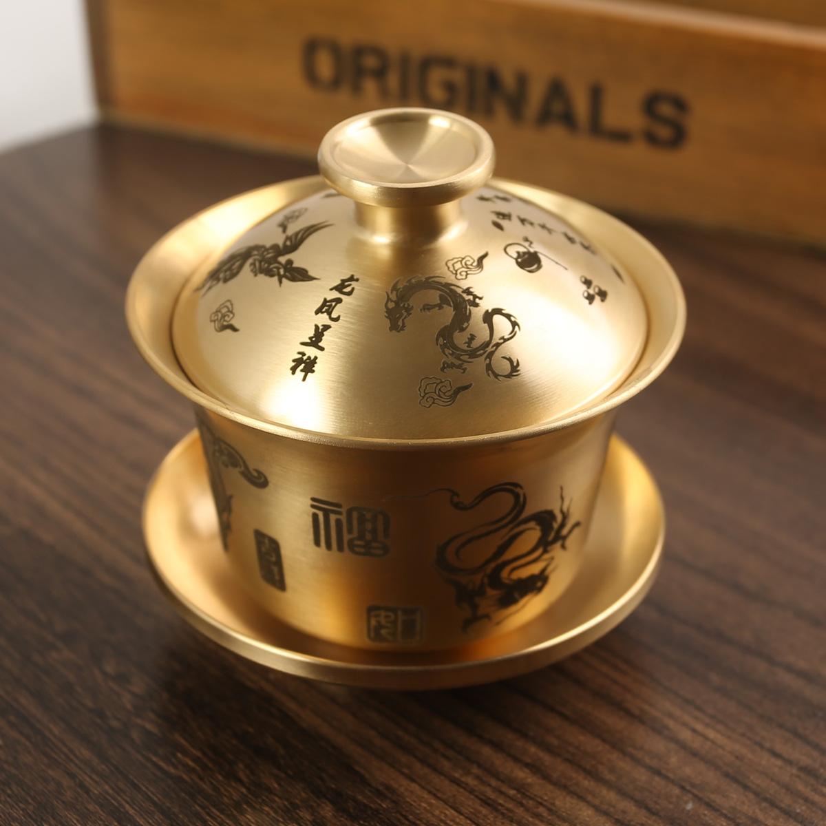 

Brass dragon and phoenix Baifu cover bowl three-piece creative tea ceremony ornament daily gift tea cup palace wind dragon and phoenix tea cup