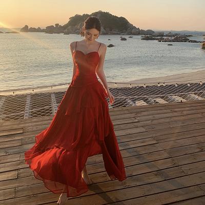 Design Waist Ruffle Edge Big Skirt Dress Vacation Dress Seaside Long Dress Beach Dress Elegant
