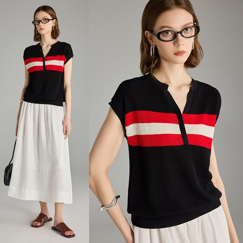 Wudao 100% Tencel French V-neck Striped T-shirt XL