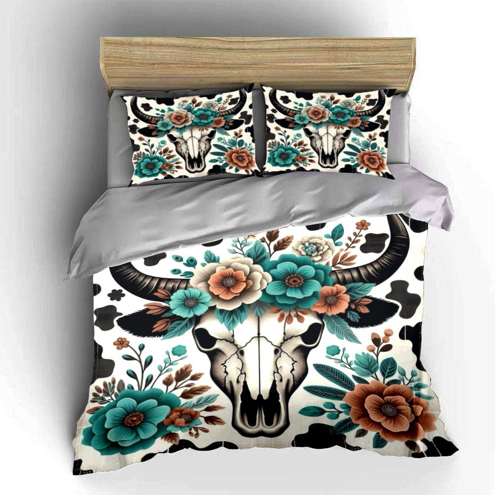 Floral Bull Skull Bedding Set Bedding Duvet Cover Set Duvet Cover Pillowcases (1 * Duvet Cover 2 * Pillowcases, Without Duvet Insert)