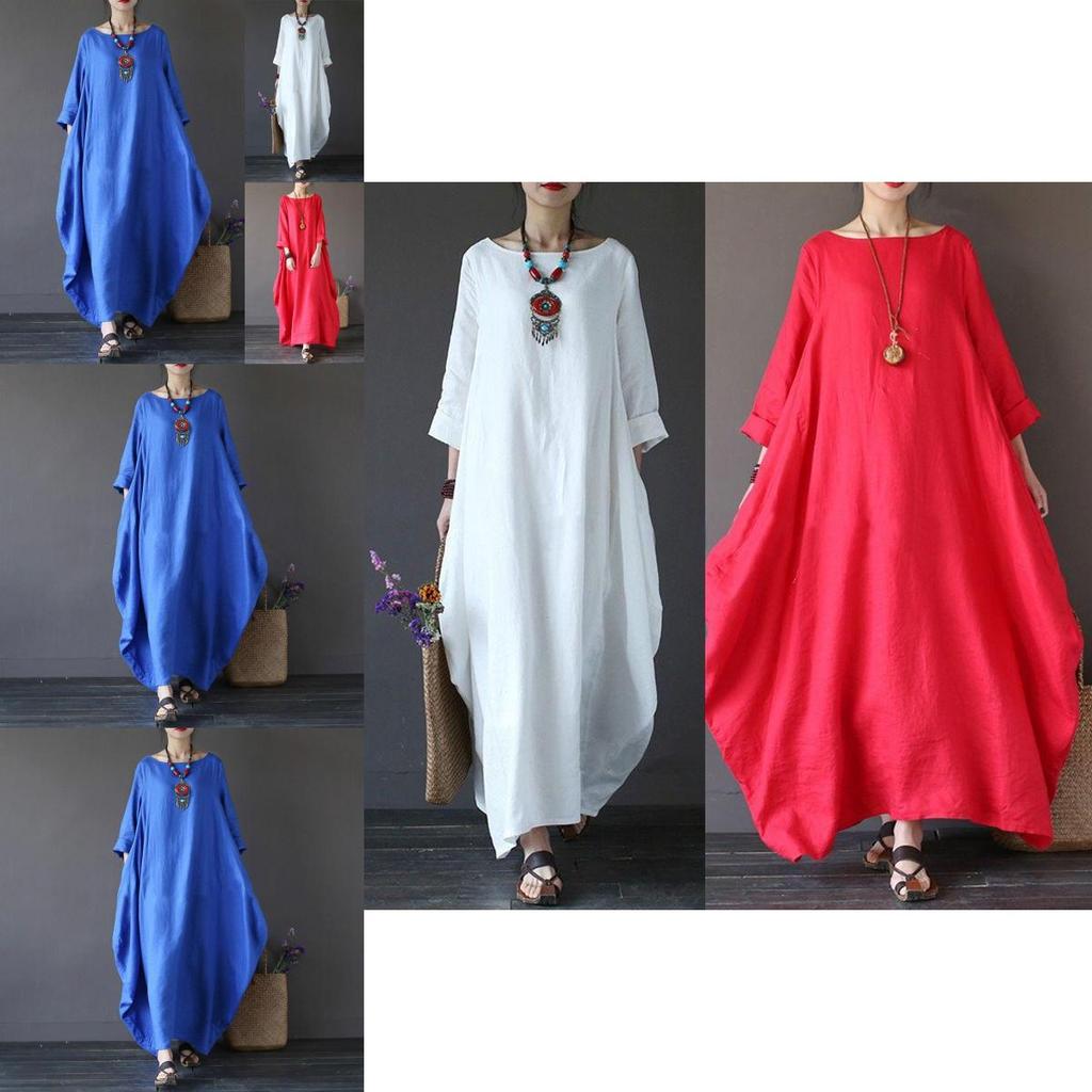 Chic Women Boho Cotton Linen Loose Long Sleeve Maxi Beach Blouse Casual Dress With Timeless Design