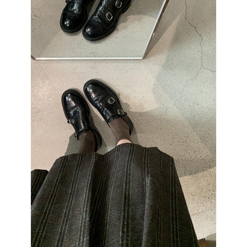 Grape mother the same style, Hatton College~ Shrinkage horse leather double buckle round head thick heel versatile British style leather shoes women