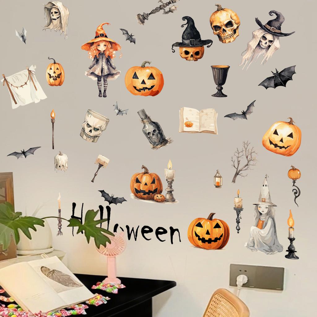 Halloween PVC Wall Stickers Amazon Pumpkin Skull Witch Halloween Tearable Decorative Wall Stickers