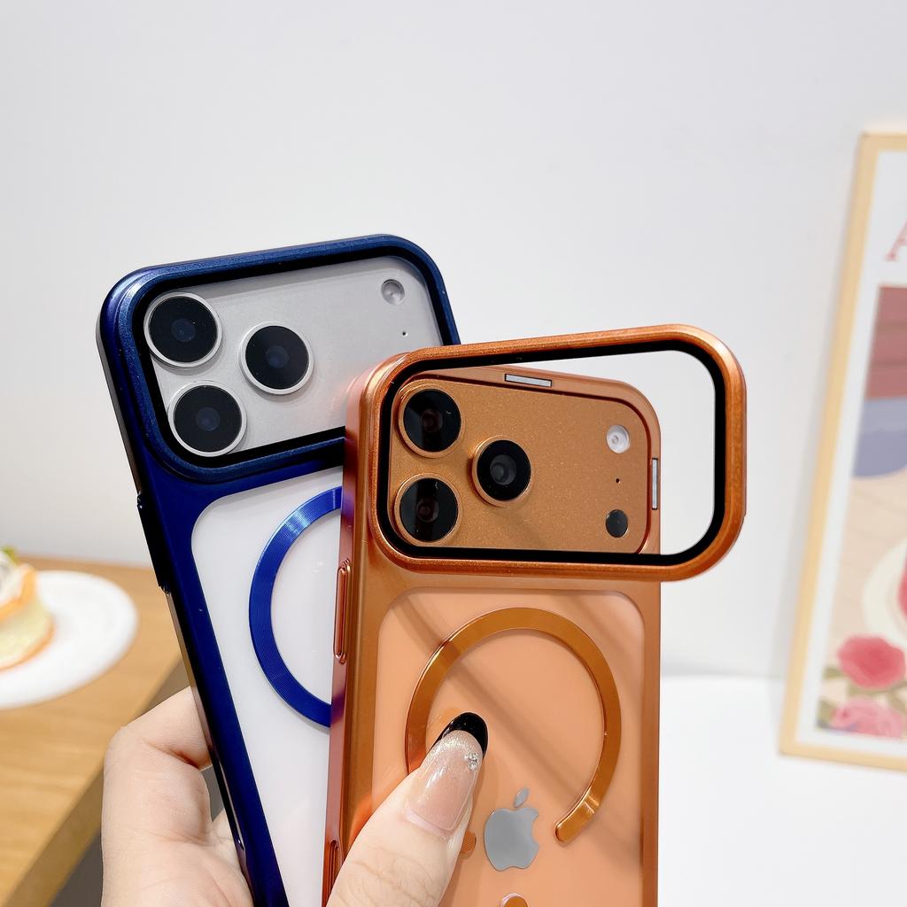 New Plating Fold Glass Camera Holder Magnetic Phone Case For 17 17Pro 17 Pro Max Ultra Thin Transparent Shockproof Cover