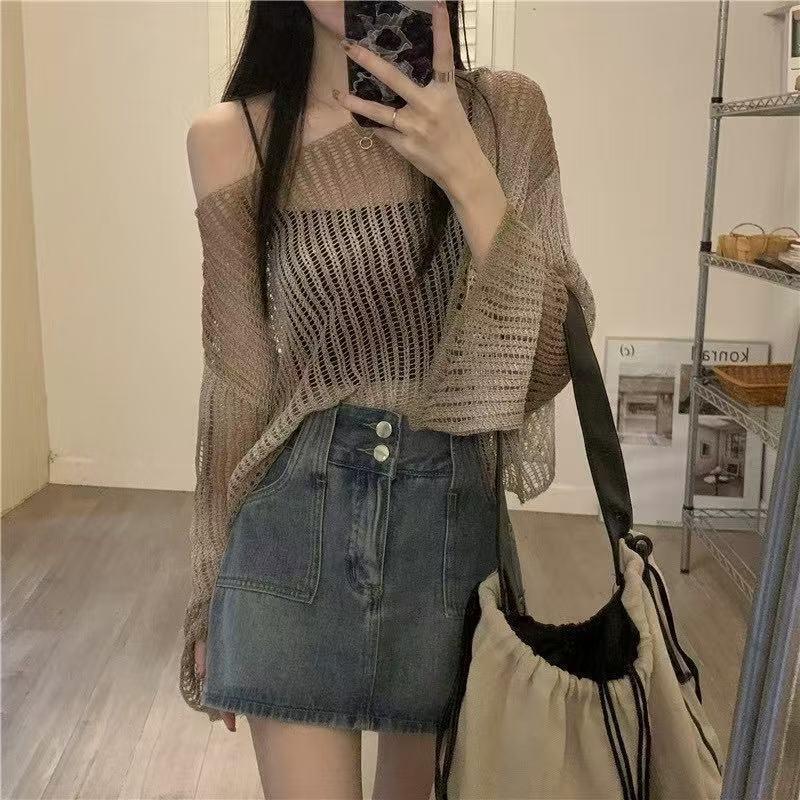 Sommer-Strickhemd mit Farbverlauf, langärmelig, hohl, Sonnenschutz, lockere Fledermausärmel, dünne Optik, Schlankheitsoberteil