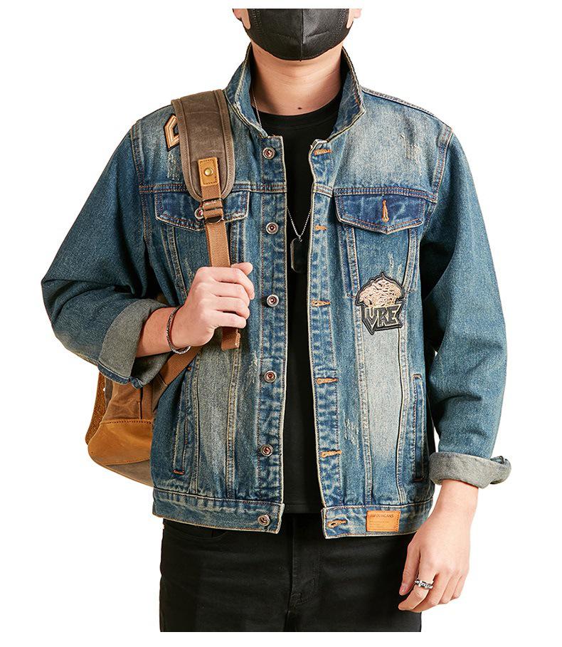 Xintang Men's Distressed Denim Jacket - Loose Fit Long Sleeve Outerwear 2025