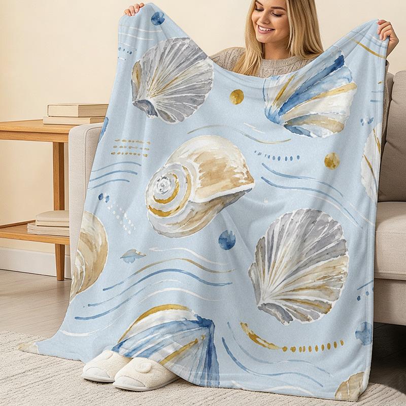 Soft Fleece Blanket with Ocean Seashell Pattern | Trimmed, Skin-friendly Warm Breathable Couch Throw for Home, Christmas & Halloween