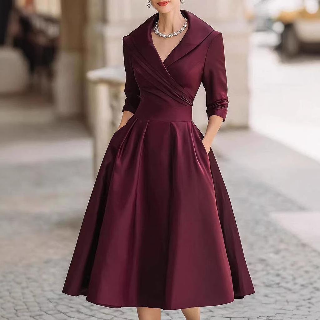Women Elegant Formal Midi Dress, Lapel Collar 3/4 Sleeve Wrap V‑Neck Dress, High Waist Pleated A‑Line Swing Dress With Pockets For Wedding Guest Party