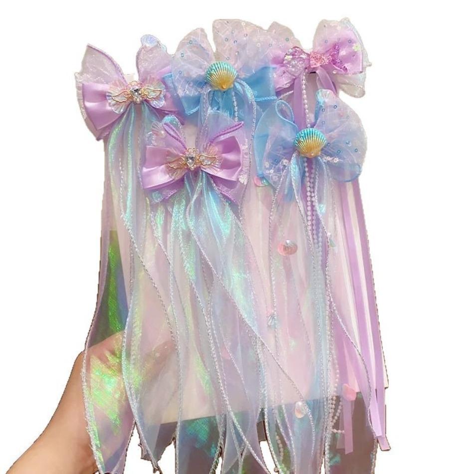 Toddler Girl Mermaid Headwear Children Princess Bow Hairpin Girls' Floating Yarn Braided Hair Clip Mermaid Maiden Hair Accessory