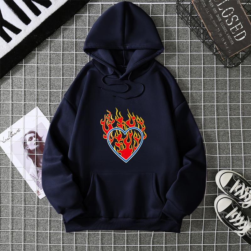 Love Fire Graphic Print Hoodie Pure Cotton High Quality Loose Shoulder Hooded Sweater Trend Fashion Sweatshirt