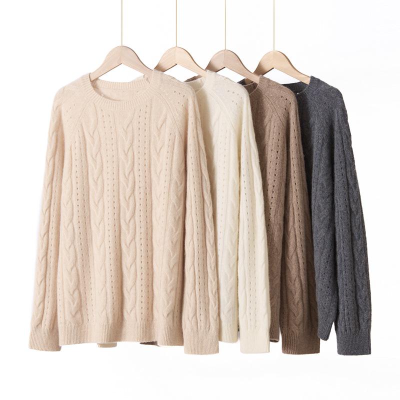 2025 Autumn/Winter Women's 100% Cashmere Round Neck Hollow Cable Knit Casual Loose Pullover Sweater