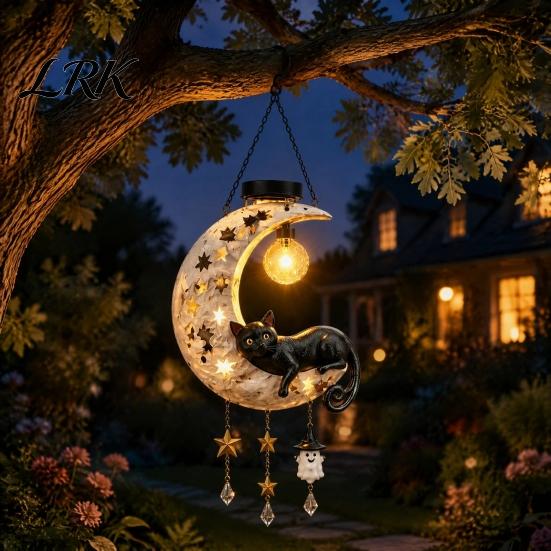 Hanging Resin Owl Moon Lanterns Solar Owl/Cat Light, Outdoor Garden Wind Chime with LED Powered Lawn Decoration Lamps Waterproof Decorative Lamp, Auto
