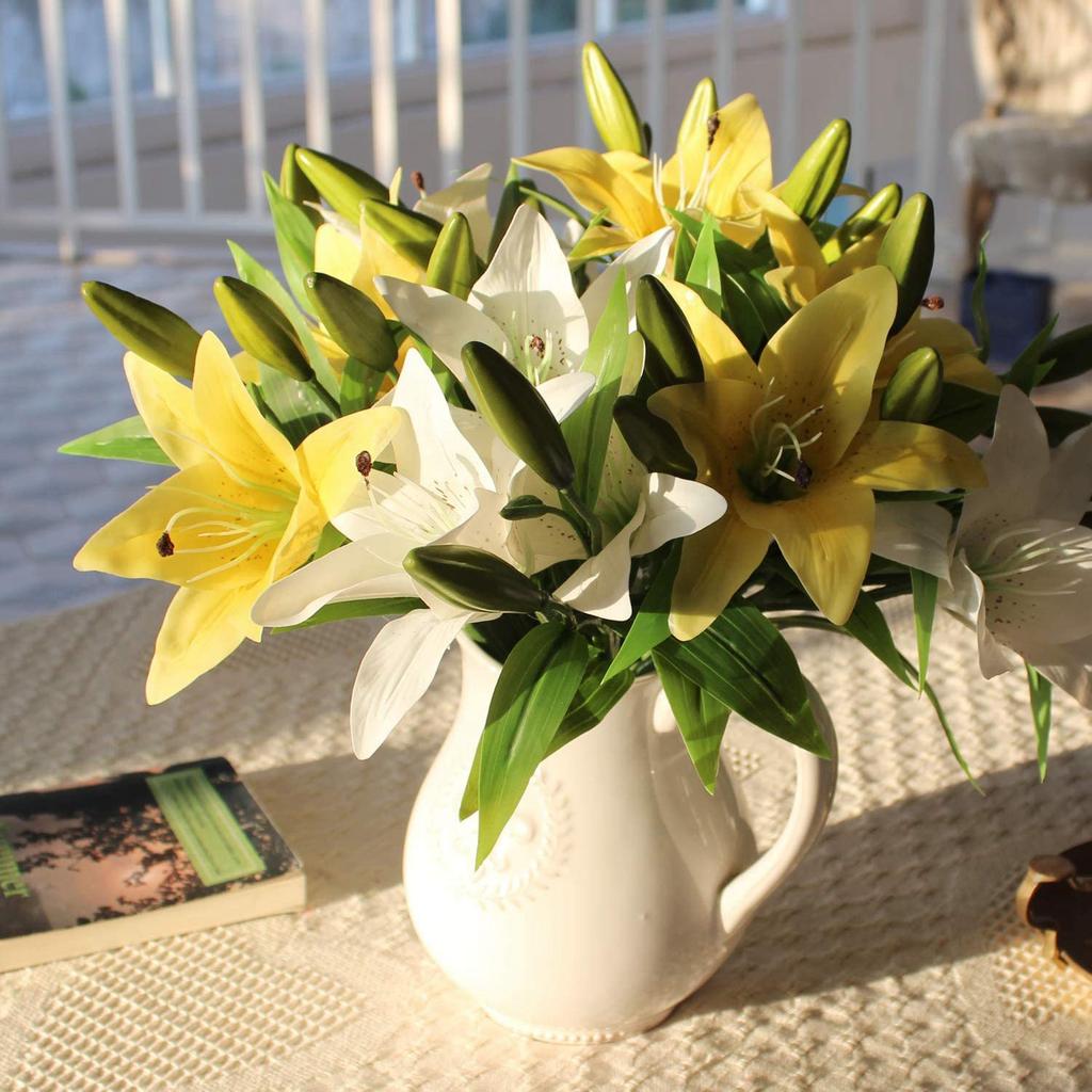 A84X-5Pcs Artificial Lily Flowers Real Contact Fake Lily Bouquet Artificial Flowers For Home Wedding Floral Decor