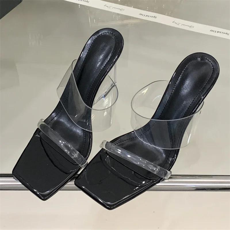 Eilyken New Design Crystal Wedges High Heels Women Slippers Fashion PVC Transparent Square Toe Banquet Slide Shoes