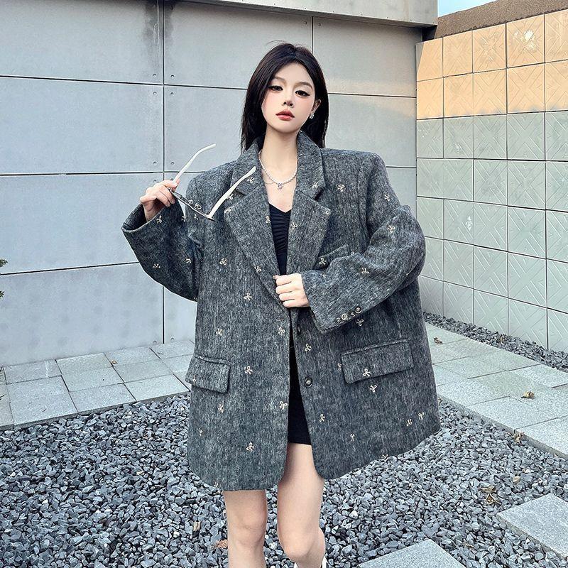 Women Bow Embroidery Tweed Suit Jacket Autumn Winter Thickened Shoulder Pad Wool Blazer Unique Design