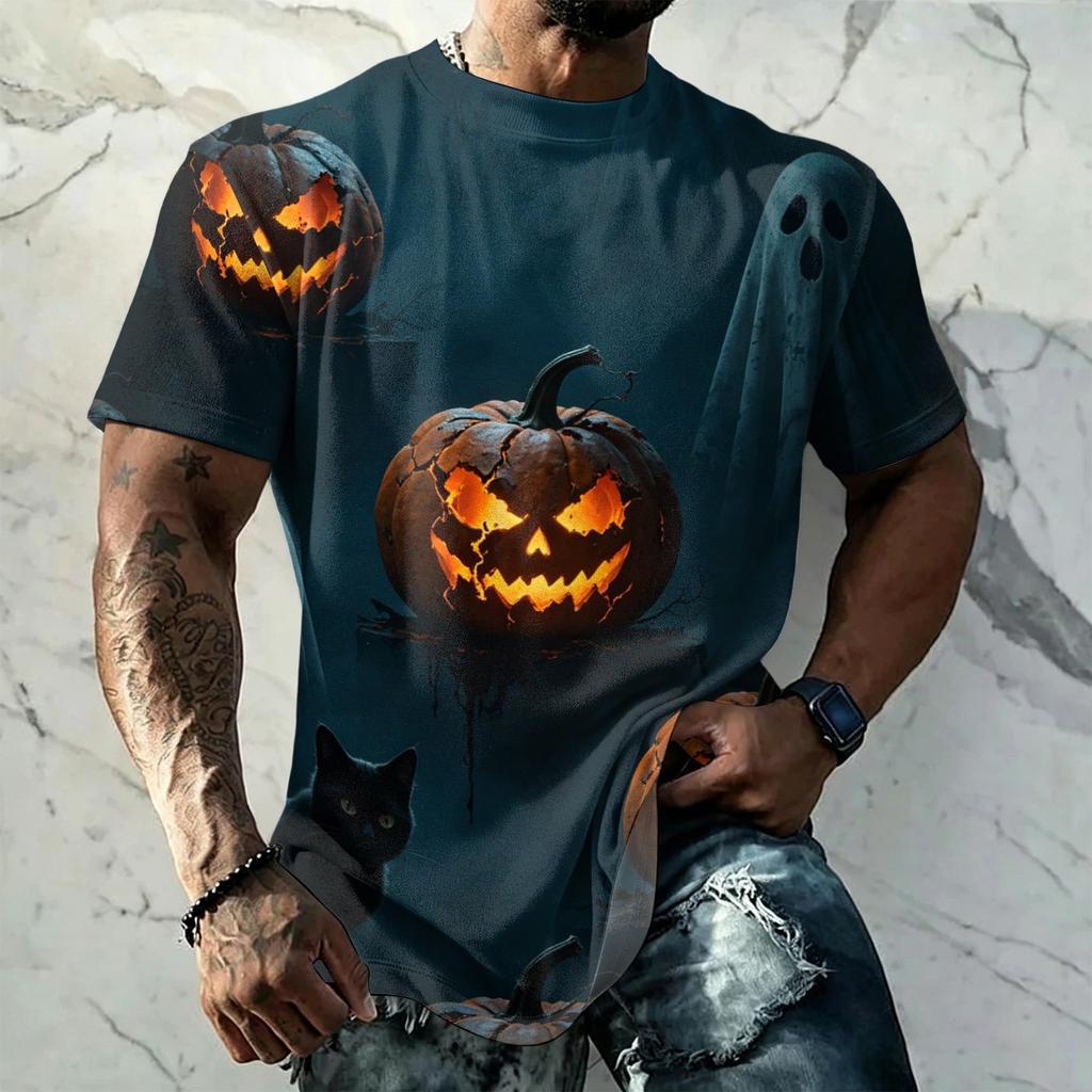 Men Halloween Print Vintage Texture Short Sleeve T Shirt Loose Breathable Summer Sport Street Casual Daily Wear Top