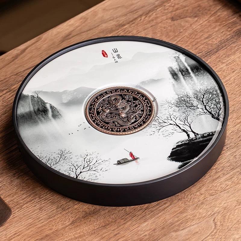 

Dual Use Round Ceramic Tea Tray with Drainage and Storage for Dry Wet Brewing Minimalist Gongfu Tea Board for Home Office