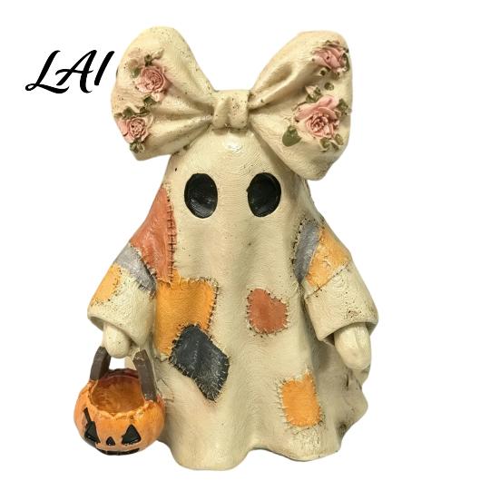 Farmhouse Style Fall Accents Lighted Vintage Patchwork Ghost LED Light Ghost with Pumpkin Lantern Halloween Decor Nostalgic Decor Ghosts Lamp,